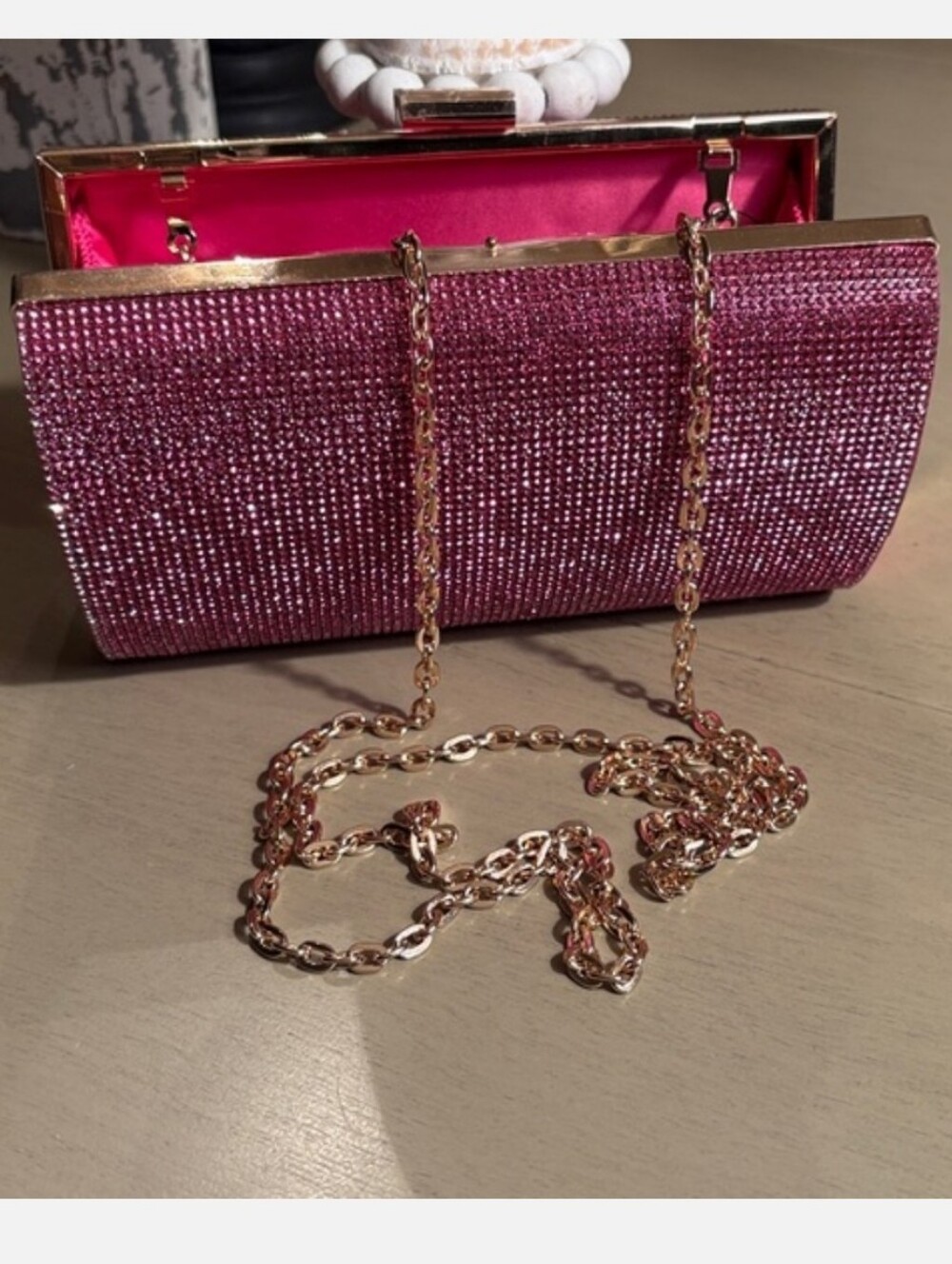 INC International Concepts Pink Rhinestone Clutch with Gold Chain - Picture 4 of 5
